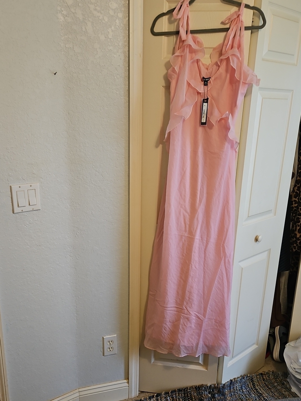 Ruffle-Trim Pink Maxi Dress with Tie-Strap Shoulders